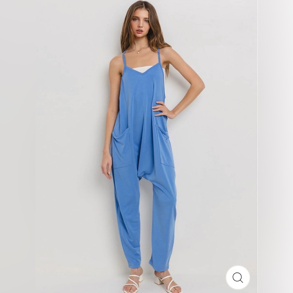 Ces Femme Blue Spaghetti Strap Harem Jumpsuit NWOT